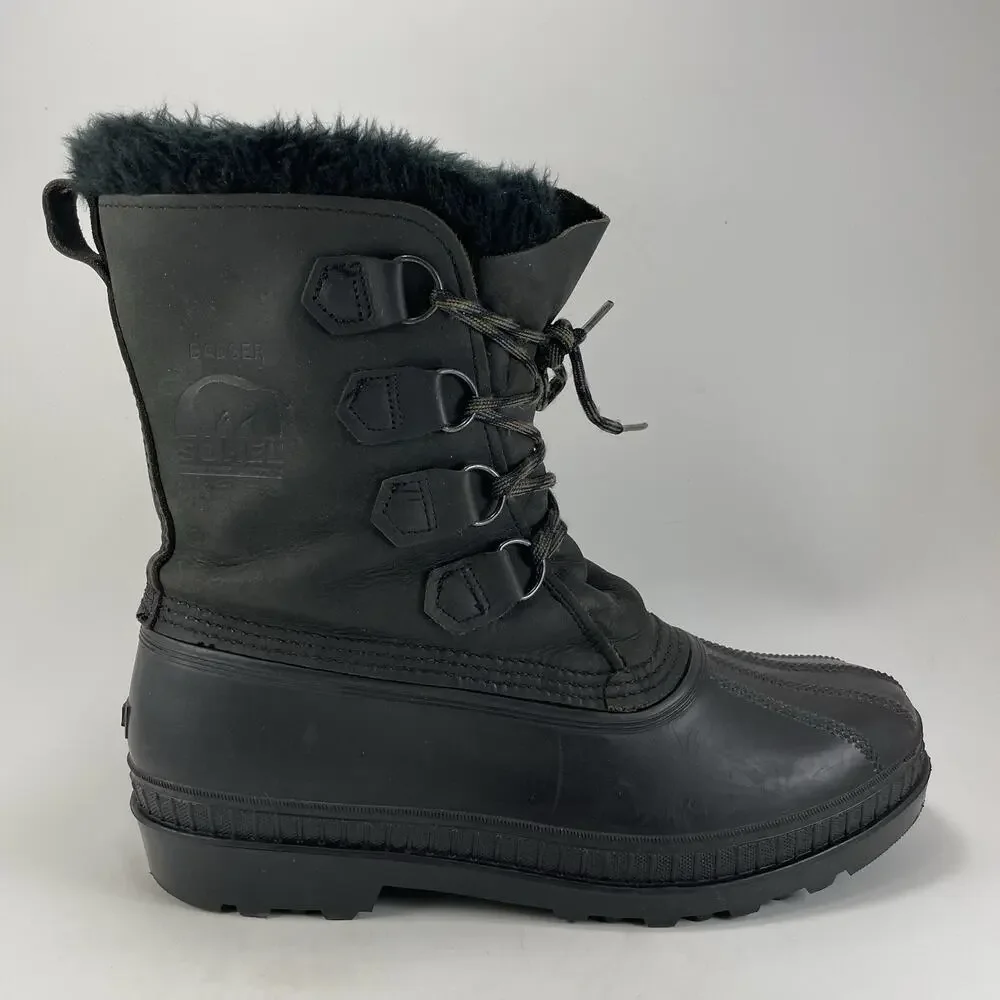 Sorel Caribou Winter Boots Mens Size 10 Waterproof Black Leather Lined Lace Up